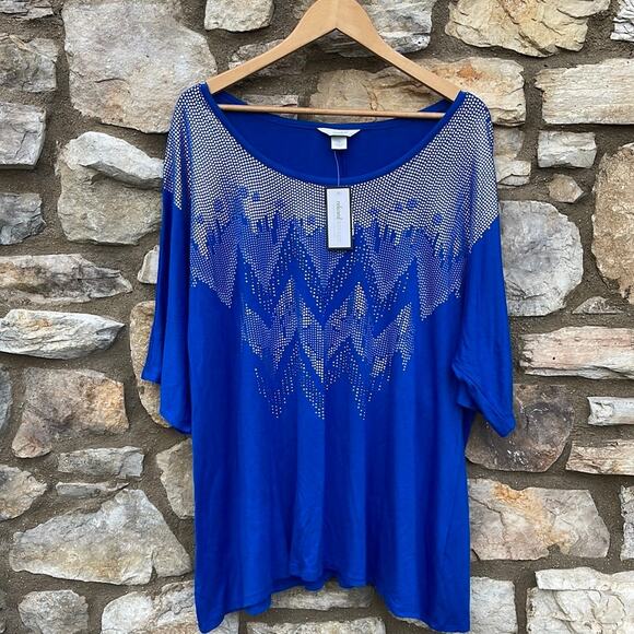 CJ Banks bright blue short sleeve blouse silver embellishments size 2X NEW - Picture 8 of 8